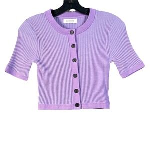 NAADAM Purple Ribbed Knit Short Sleeve Button Down Merino Silk Cardigan Top XS